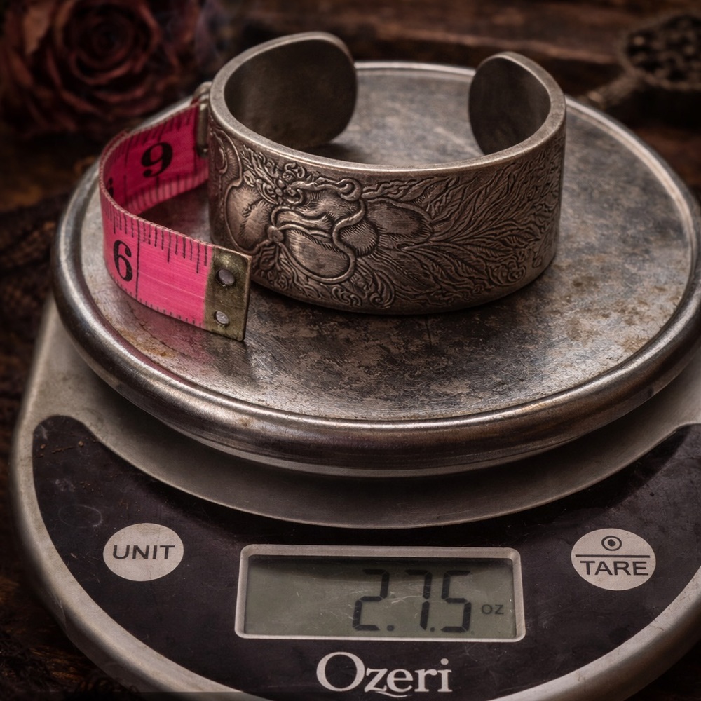 Vintage Pewter Cuff Bracelet Salisbury Wide Floral Phoenix Boho Statement - Picture 10 of 10